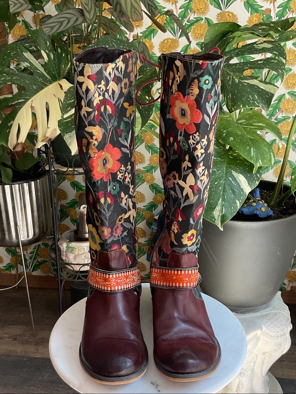 Floral Pattern Burgundy Leather-Trim Women's Knee Boots
